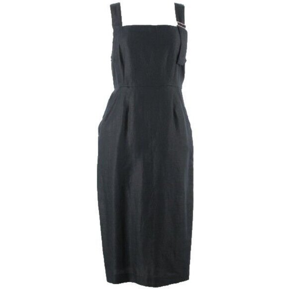 Avec Les Filles $98 Sz 6 Solid Black Kick Pleat Fitted Linen Cotton Dress - Picture 1 of 8